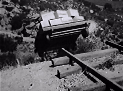 Deadwood Dick--handcar cliffhanger shot